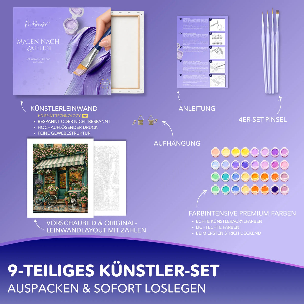 Picmondoo Malen nach Zahlen Set Der kleine Blumenladen mit Leinwand, Acrylfarben und Pinseln für Erwachsene