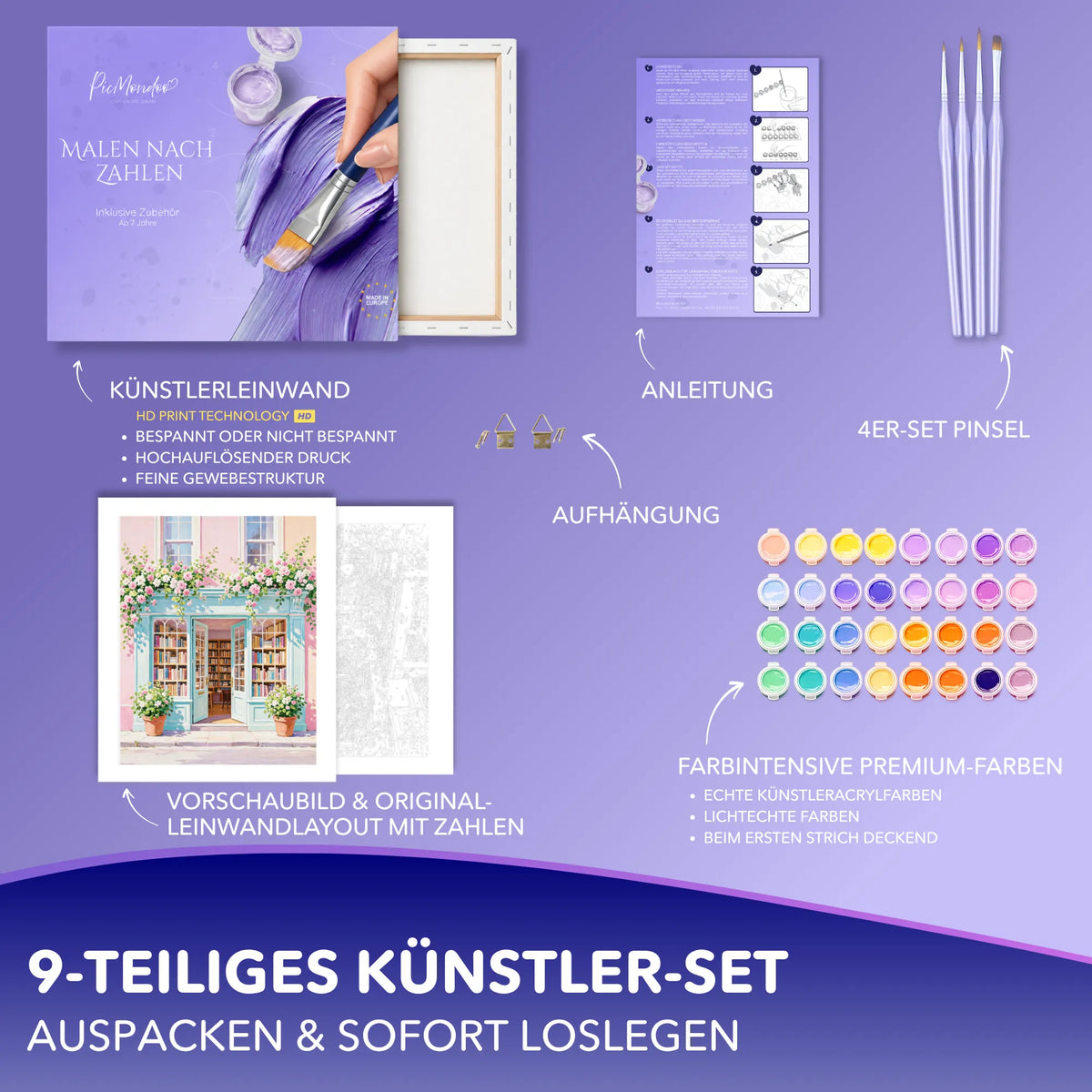 Malen nach Zahlen Set Zwischen Blüten und Büchern mit Leinwand, Acrylfarben, Pinseln und Anleitung von Picmondoo