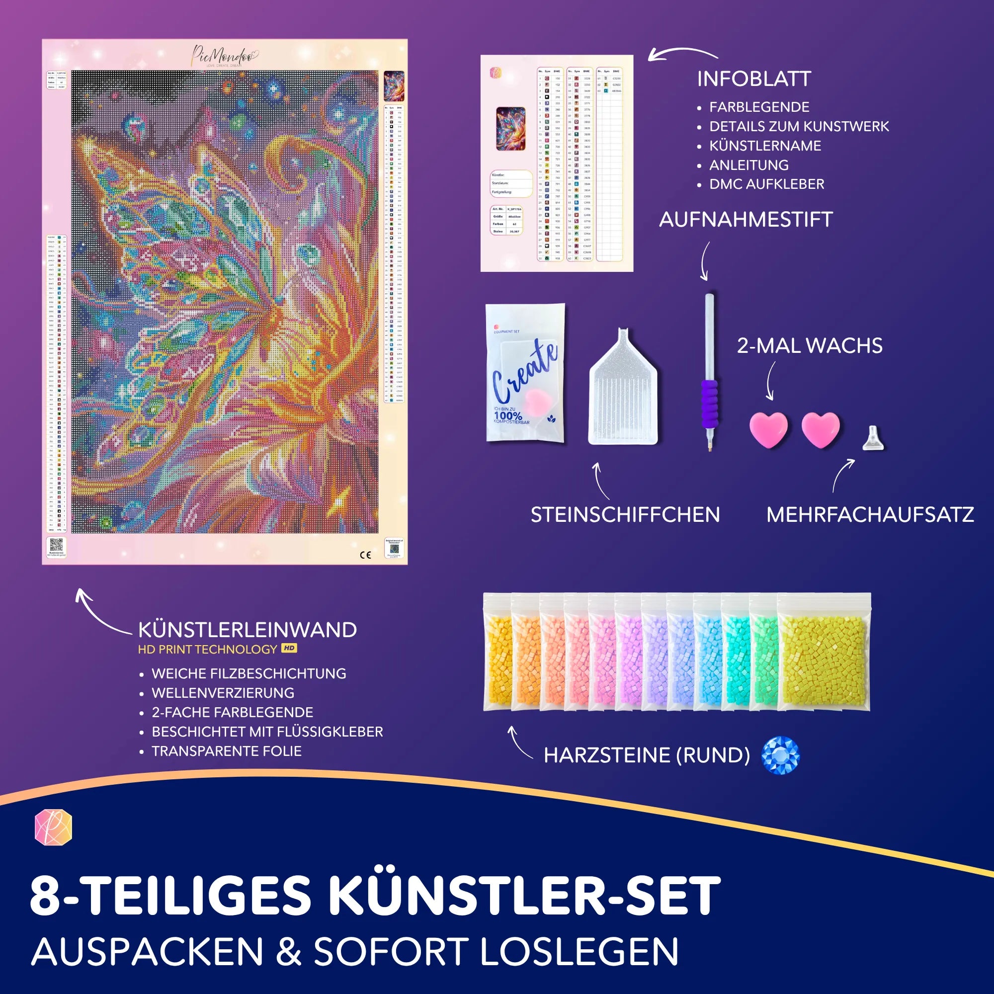 Diamond Painting Set Leuchten lernen mit bunter Schmetterling-Leinwand, runden Steinen und Zubehör für kreative Bastler
