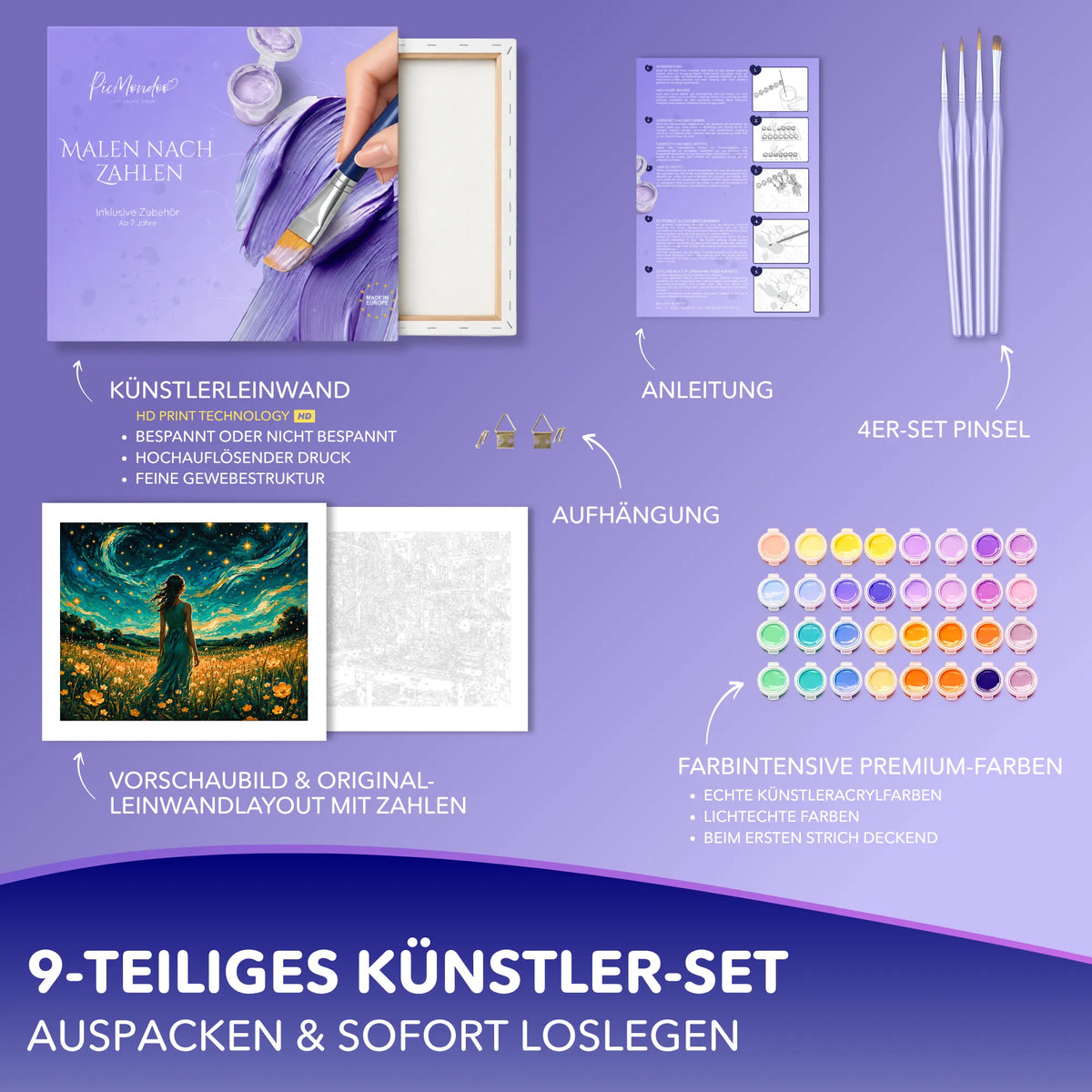 Malen nach Zahlen Set Sternenwanderin mit Leinwand, Premium-Farben und Pinseln für kreative Erwachsene