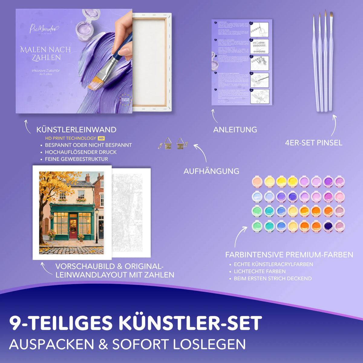 Malen nach Zahlen Set: Herbstliches Laden-Motiv mit Acrylfarben, Pinseln und bedruckter Leinwand von Picmondoo