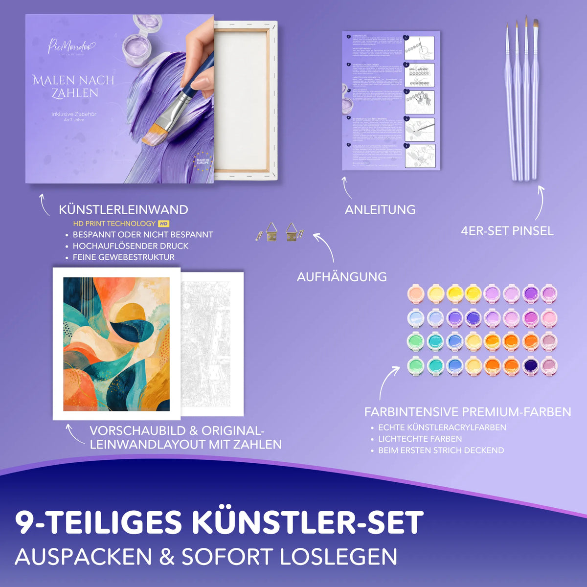 Picmondoo Malen nach Zahlen Set mit Leinwand, Acrylfarben und Pinseln für ein abstraktes Kunstwerk in bunten Farben.