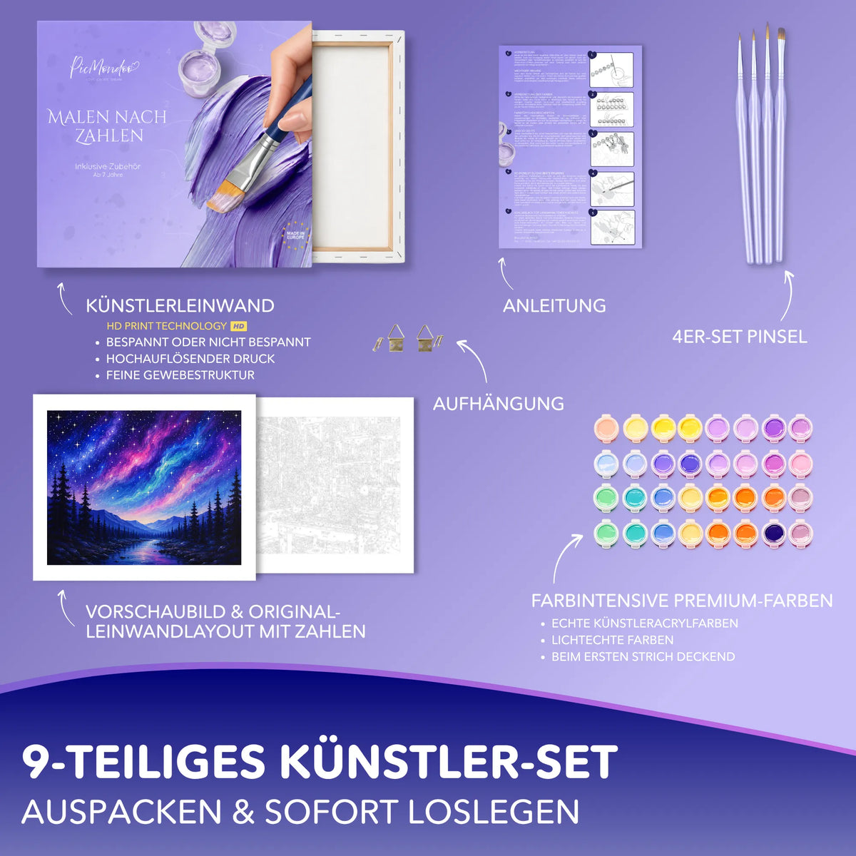 Malen nach Zahlen Set mit Leinwand, Pinsel und Acrylfarben für das Motiv leuchtender Sternenhimmel über Berglandschaft