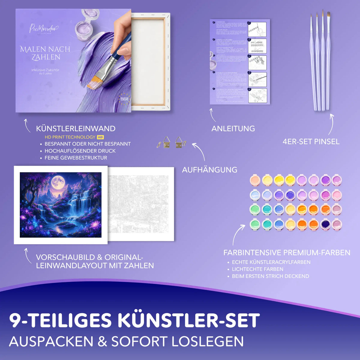 Malen nach Zahlen Set Magischer Wasserfall von Picmondoo mit Leinwand, Acrylfarben und Pinseln für Erwachsene.