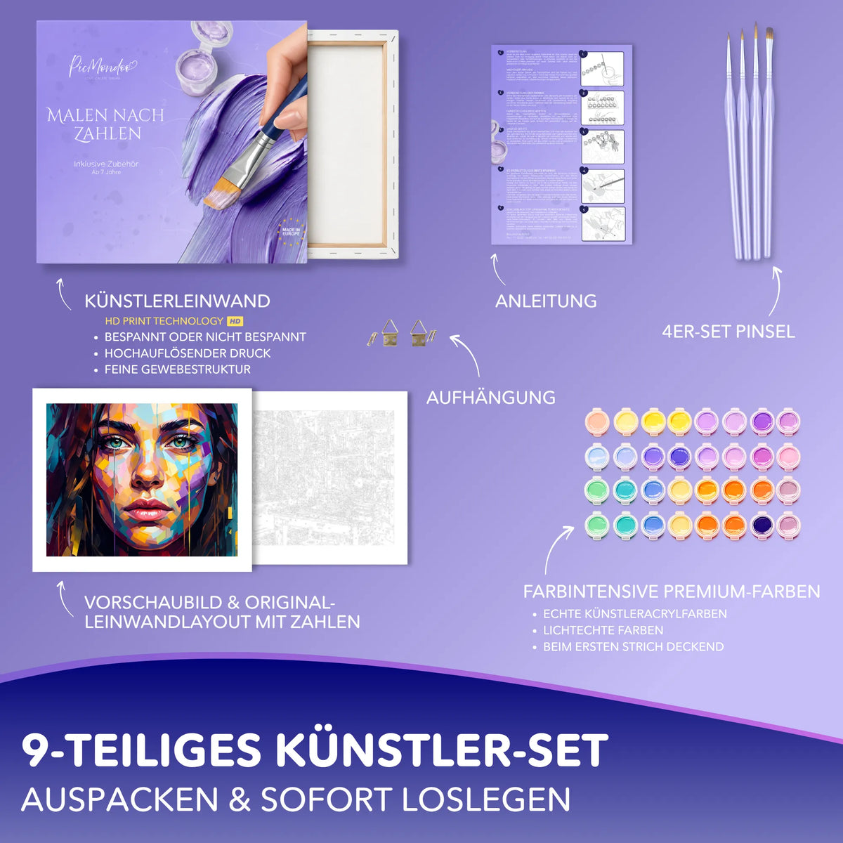 Malen nach Zahlen Set In allen meinen Farben von Picmondoo mit Leinwand, Acrylfarben und Pinseln für Erwachsene.