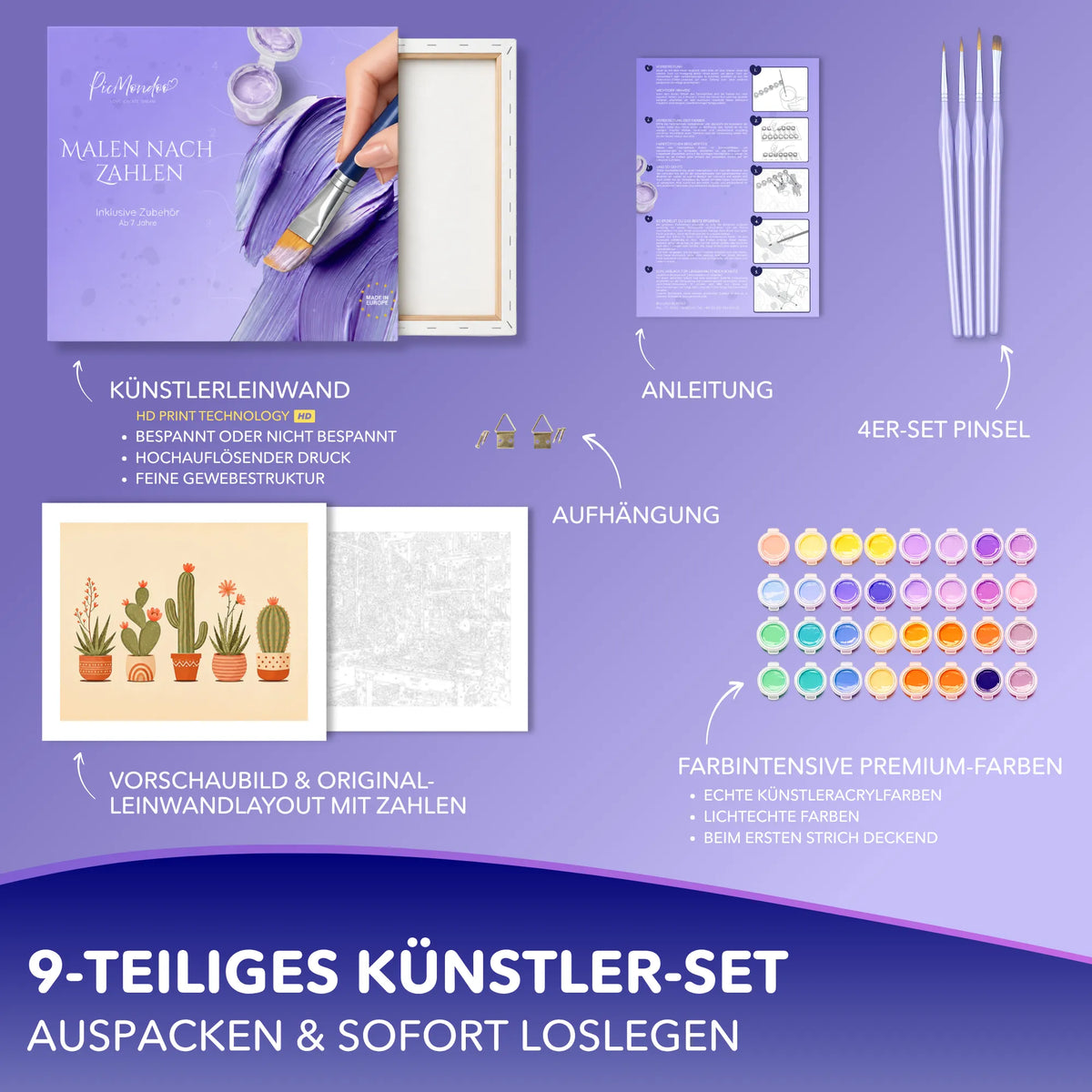 Malen nach Zahlen Set Kaktusliebe mit Leinwand, Acrylfarben, Pinsel und Anleitung für Erwachsene von Picmondoo