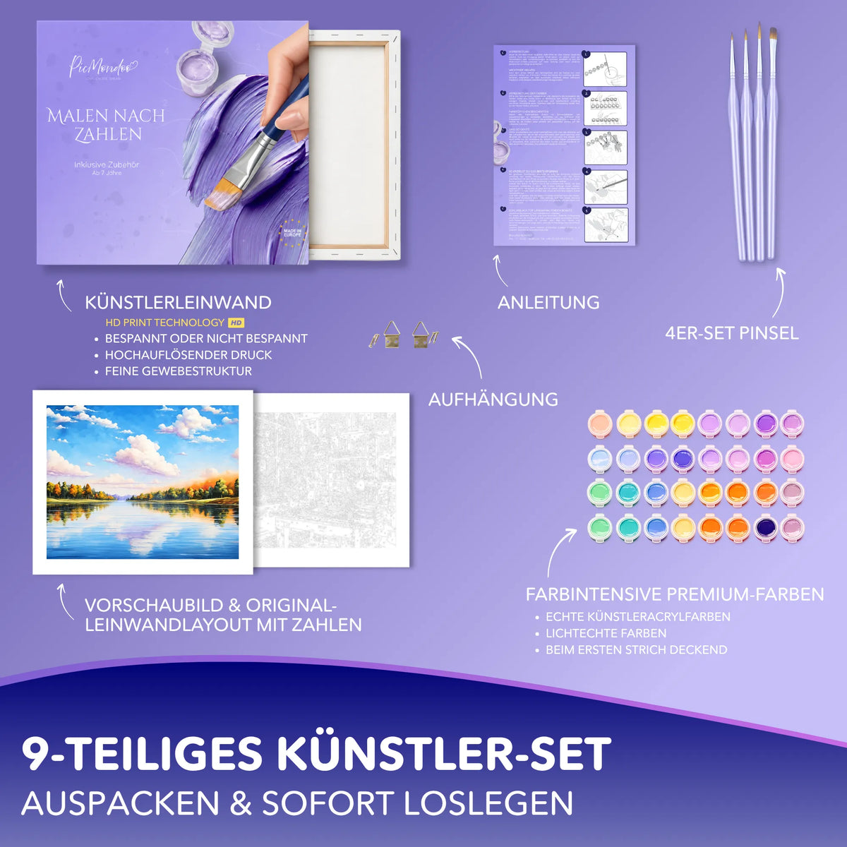 Picmondoo Malen nach Zahlen Set Himmelweit mit Leinwand, Acrylfarben, Pinseln und Anleitung für Erwachsene