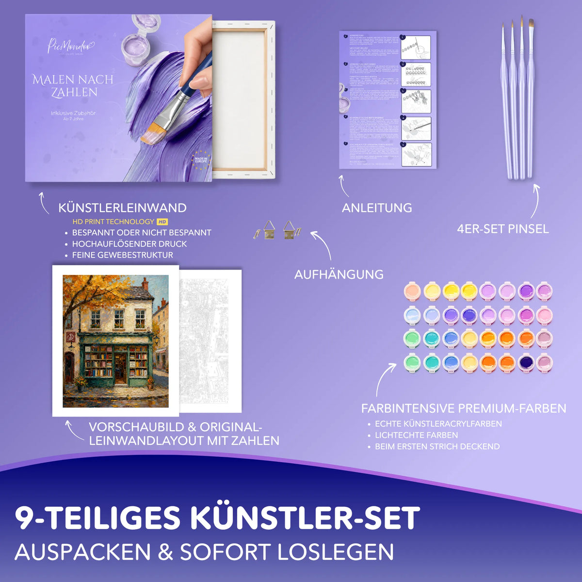 Picmondoo Malen nach Zahlen Set Verborgene Schätze mit Leinwand, Acrylfarben und Pinseln für Erwachsene und Kinder