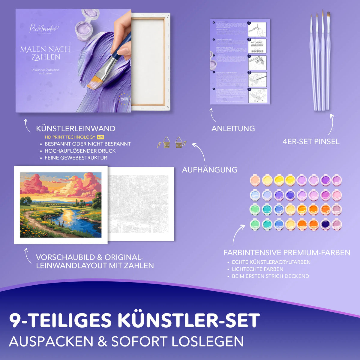 Malen nach Zahlen Set Am Fluss entlang mit Leinwand, Acrylfarben und Pinseln für Erwachsene von Picmondoo