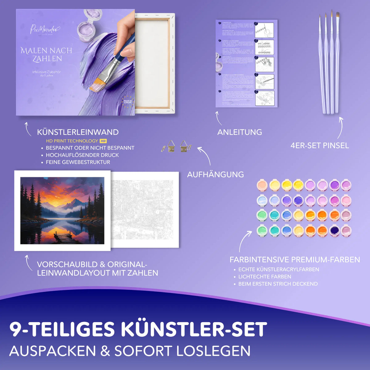 Picmondoo Malen nach Zahlen Set Magische Abenddämmerung mit Leinwand, Acrylfarben, Pinseln und Anleitung für Erwachsene.