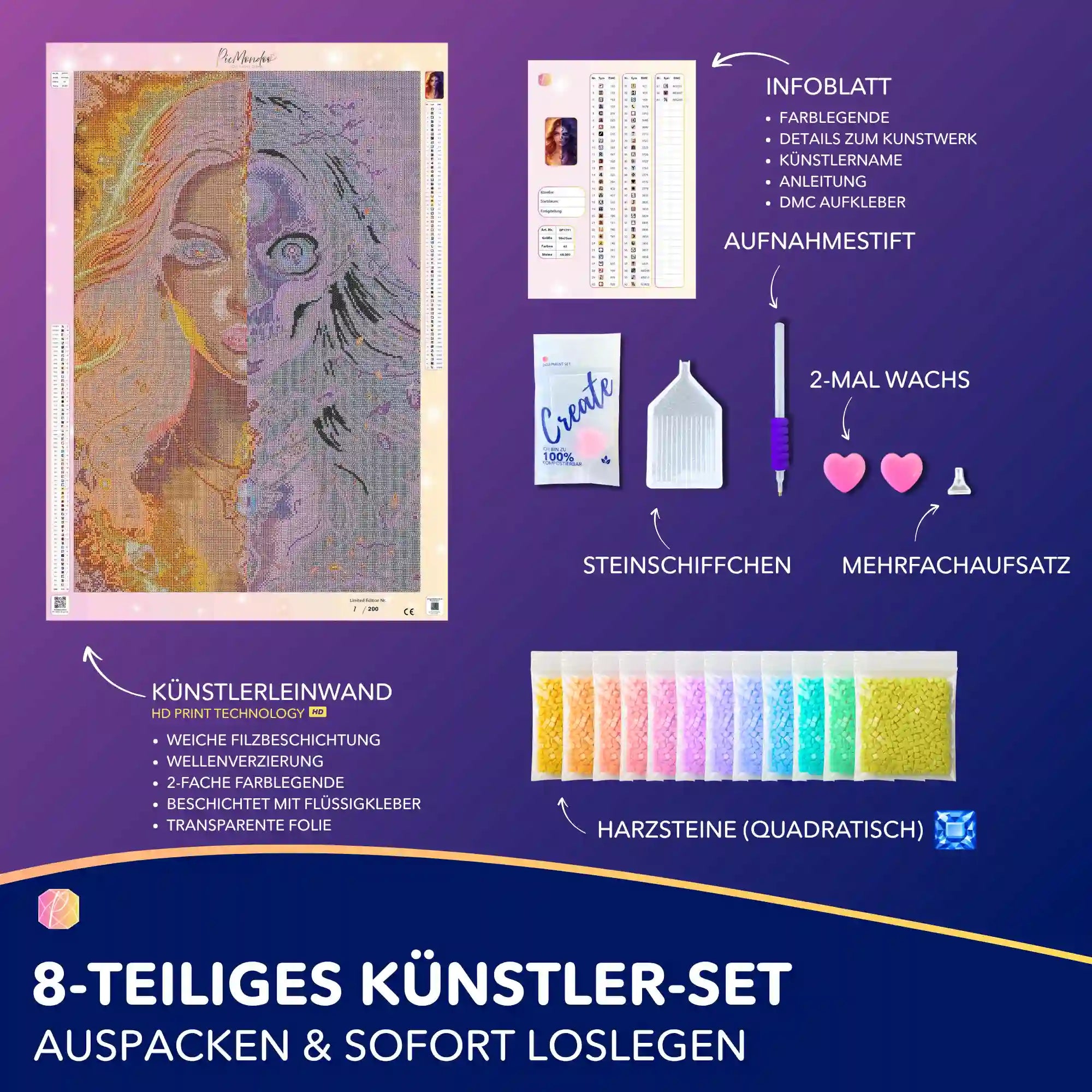 Diamond Painting Set mit Fantasy-Motiv einer mystischen Frau zwischen Licht und Dunkelheit inklusive Zubehör