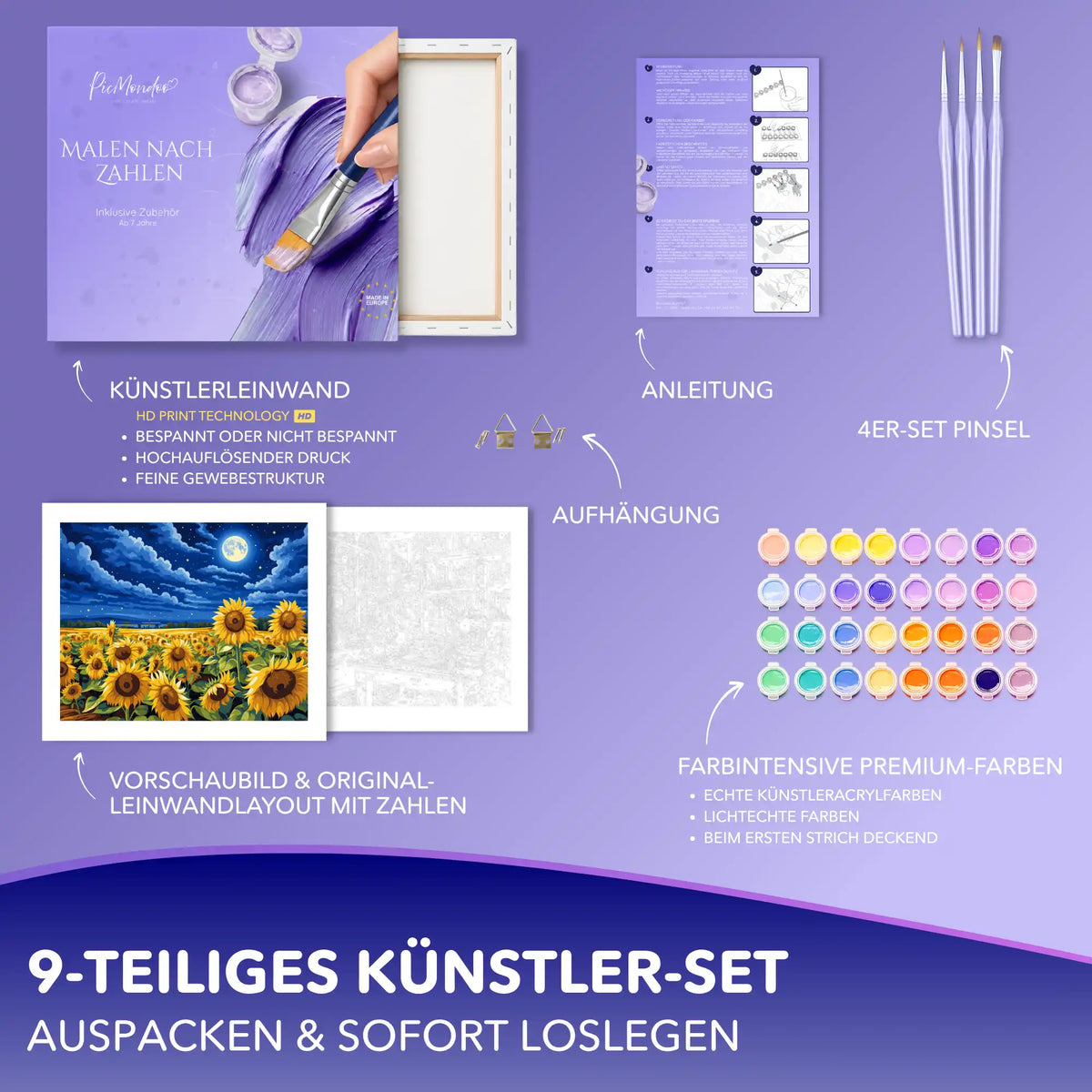 Malen nach Zahlen Set Goldene Sommernacht von Picmondoo mit Leinwand, Acrylfarben und Pinseln für Erwachsene