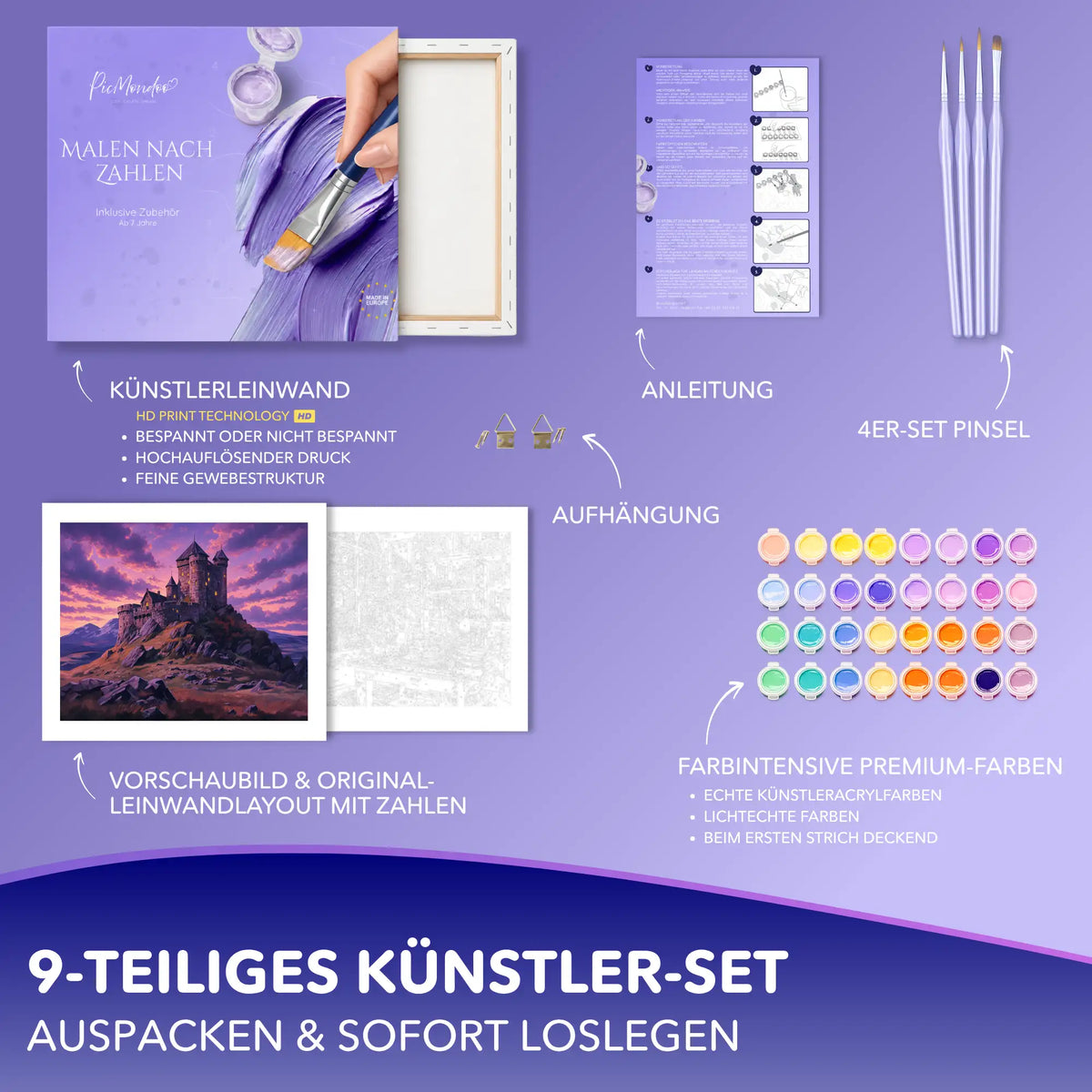 Picmondoo Malen nach Zahlen für Erwachsene: Burg-Motiv mit Leinwand, Acrylfarben, Pinselset und Anleitung im Komplettset