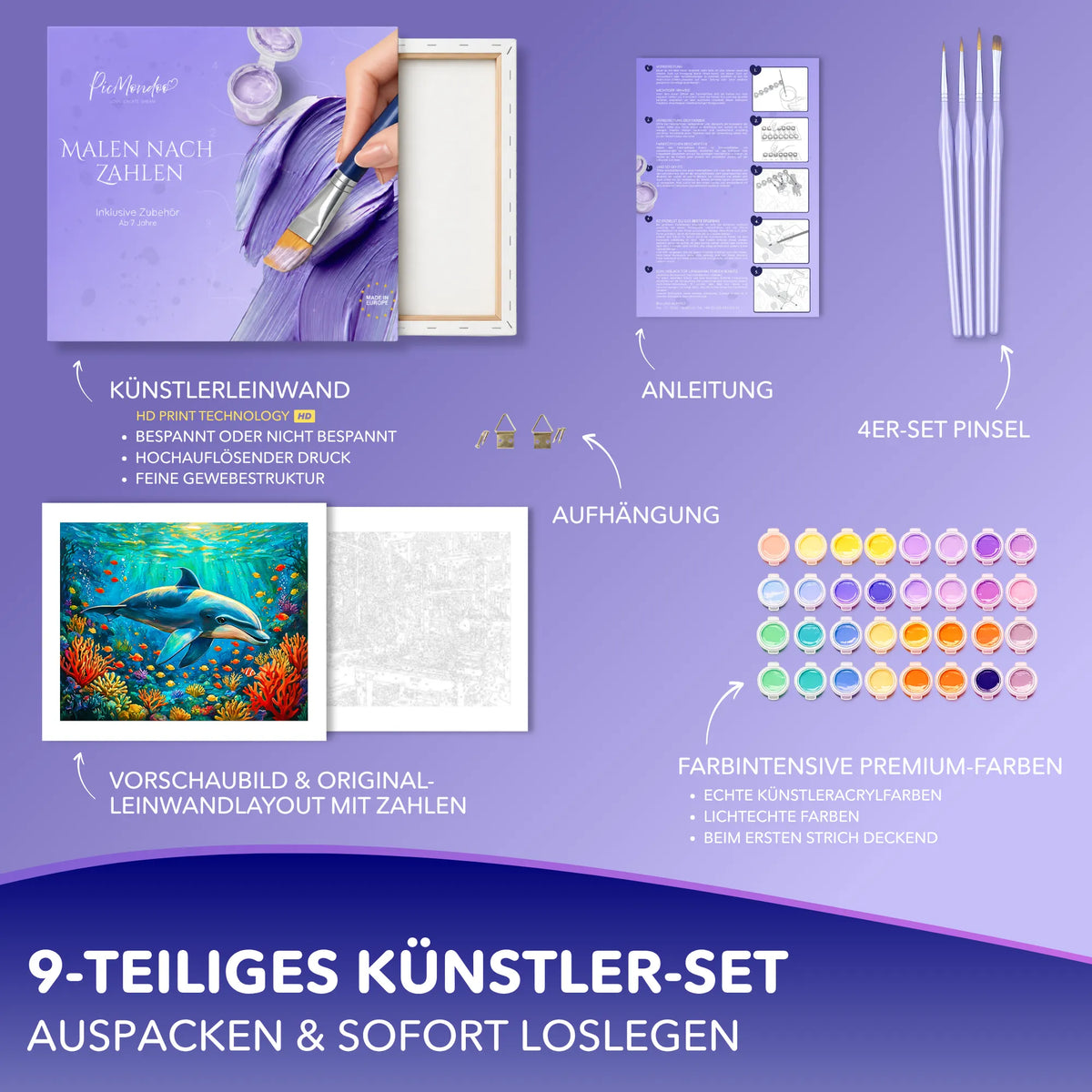 Picmondoo Malen nach Zahlen Set Lächeln des Meeres mit Delfin-Motiv, hochwertiger Leinwand, Pinseln und Acrylfarben.