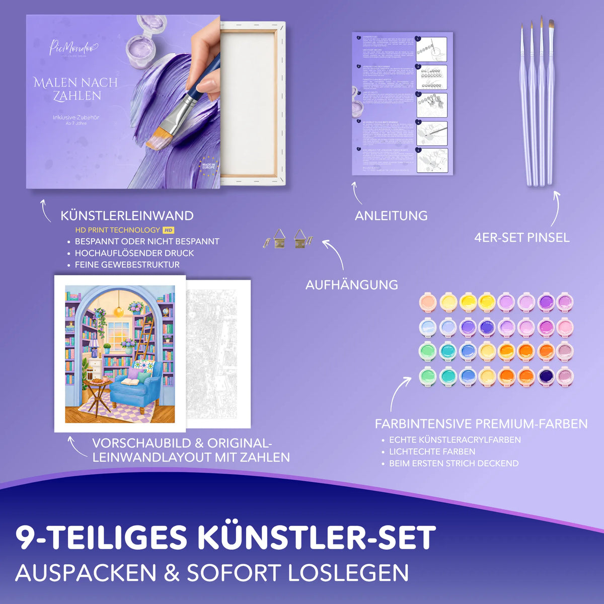 Malen nach Zahlen Set Leseglück in Pastell mit Acrylfarben, Leinwand, Pinsel und Anleitung für Erwachsene