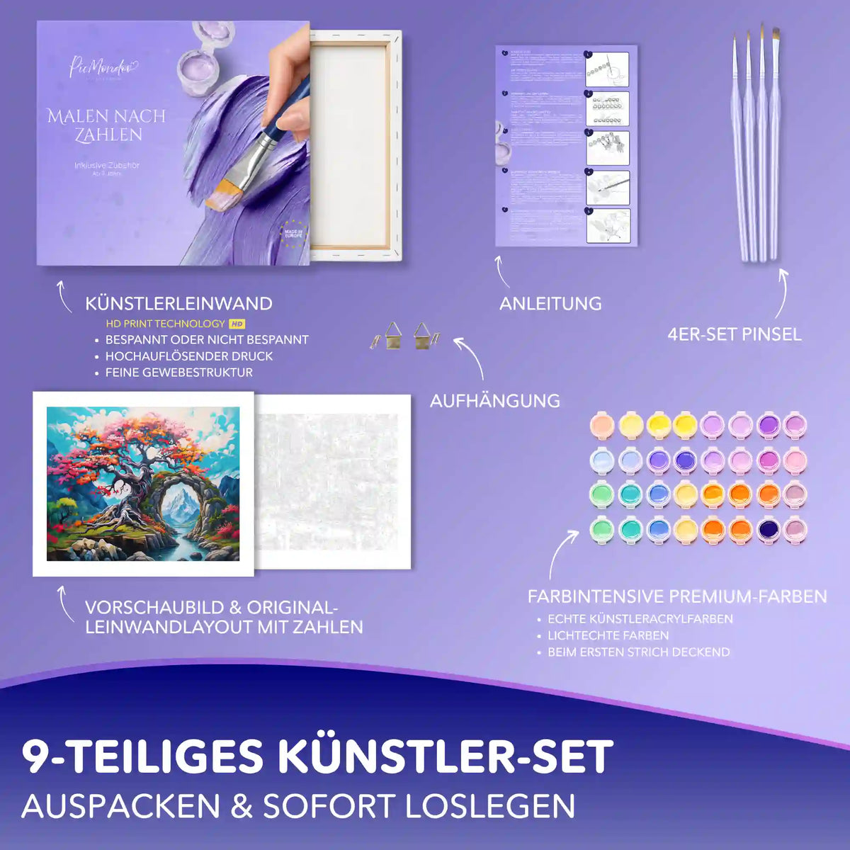 Malen nach Zahlen Erwachsene Set: Farben des Lebens Motiv mit Leinwand, Acrylfarben & Pinseln von Picmondoo