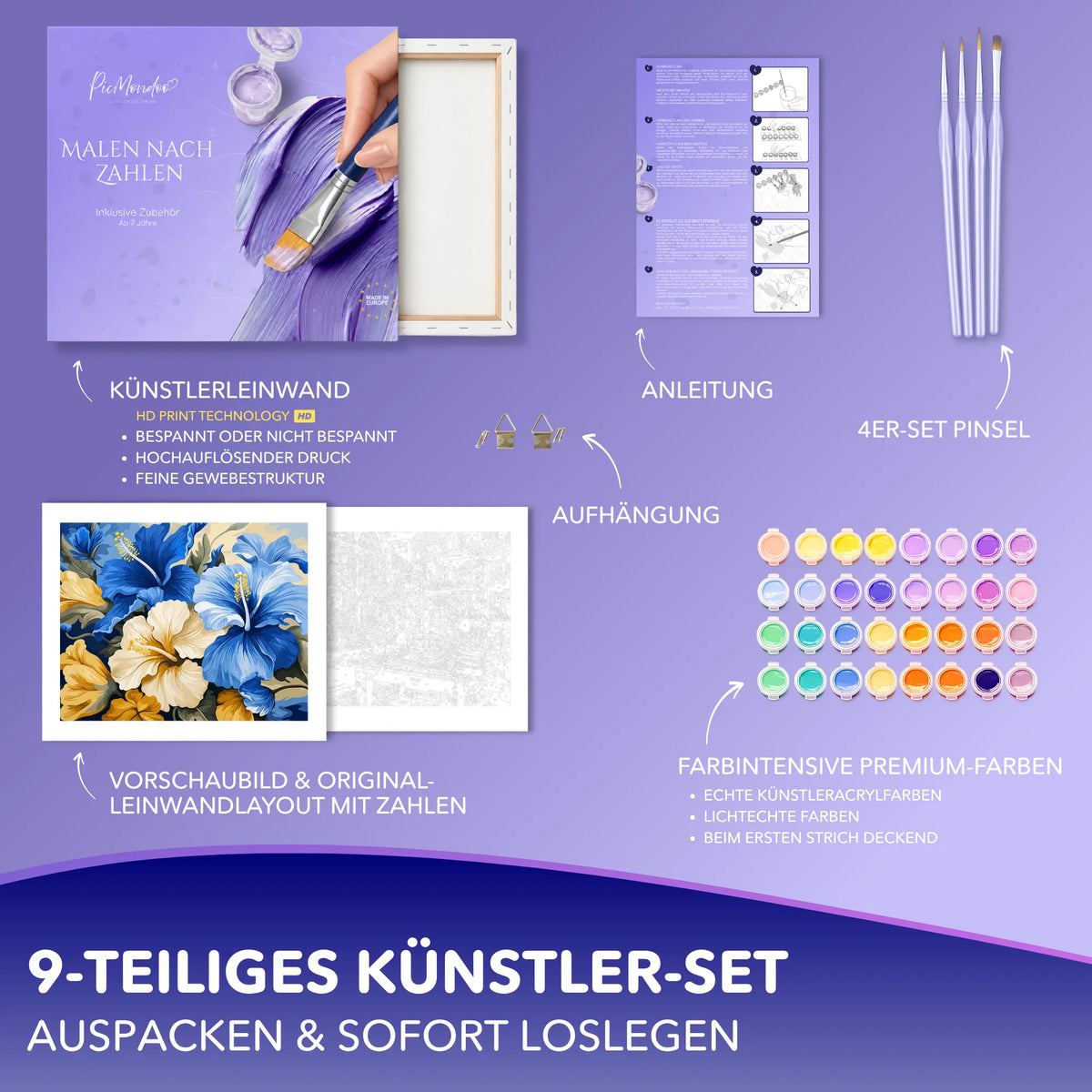 Malen nach Zahlen Set Symphonie in Blau von Picmondoo mit Leinwand, Acrylfarben und Pinseln für Erwachsene