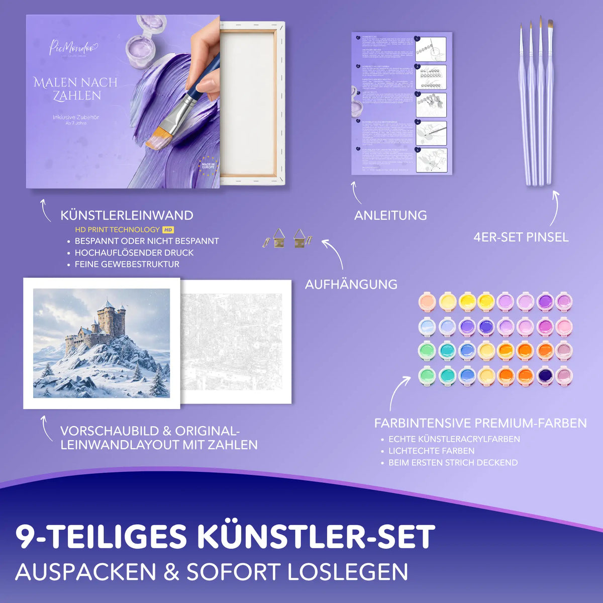 Malen nach Zahlen Set Stille des Winters mit Leinwand, Acrylfarben und Pinseln für kreative Erwachsene