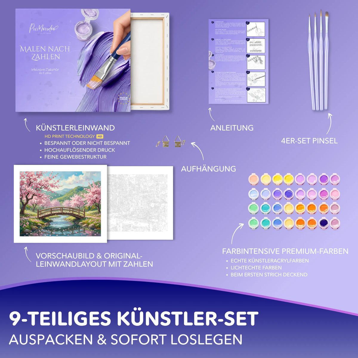Picmondoo Malen nach Zahlen Set Brücke in den Frühling mit Leinwand, Acrylfarben, Pinsel und Anleitung für Erwachsene.