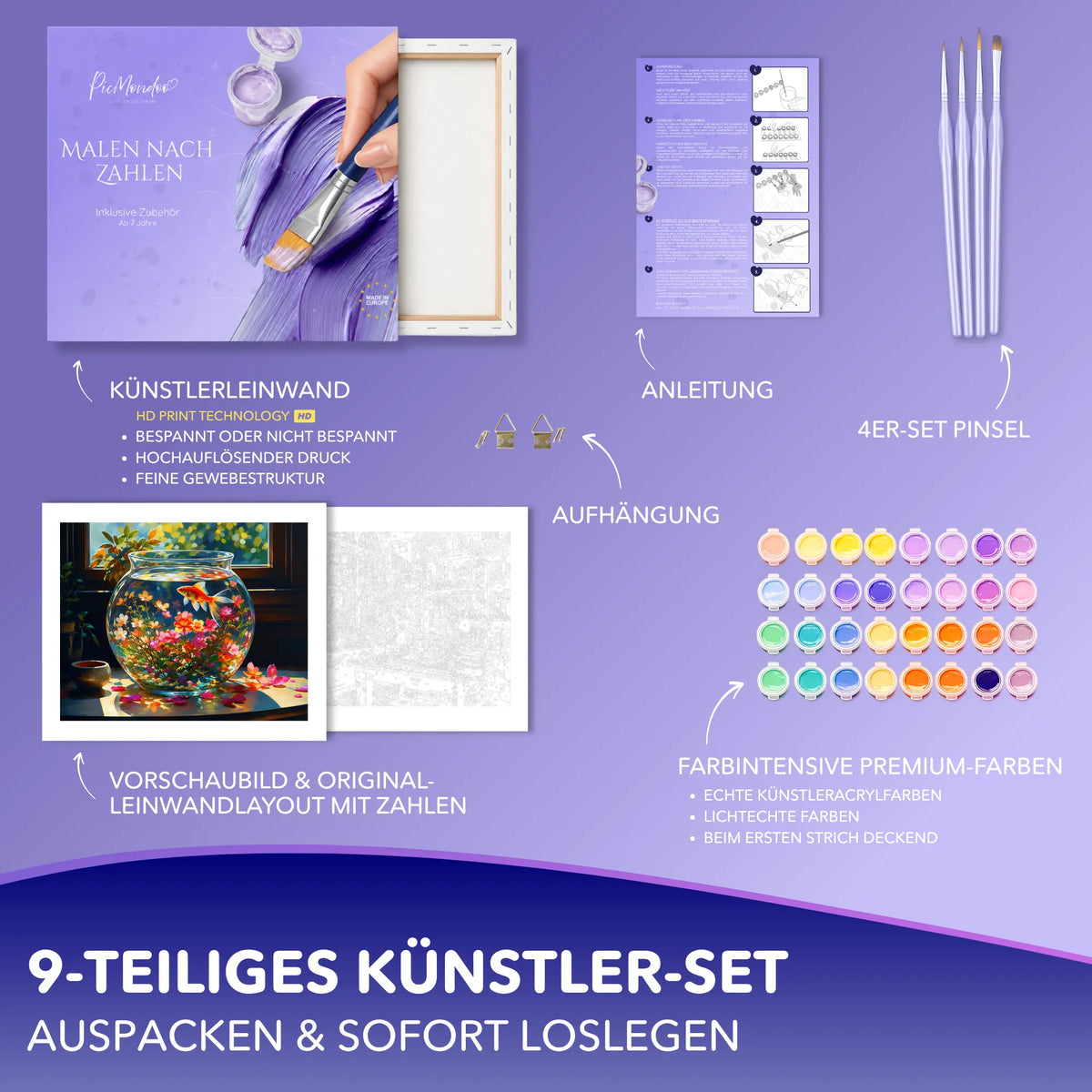 Picmondoo Malen nach Zahlen Set mit Goldfisch im Aquarium Motiv, inklusive Leinwand, Acrylfarben und Pinsel für Erwachsene