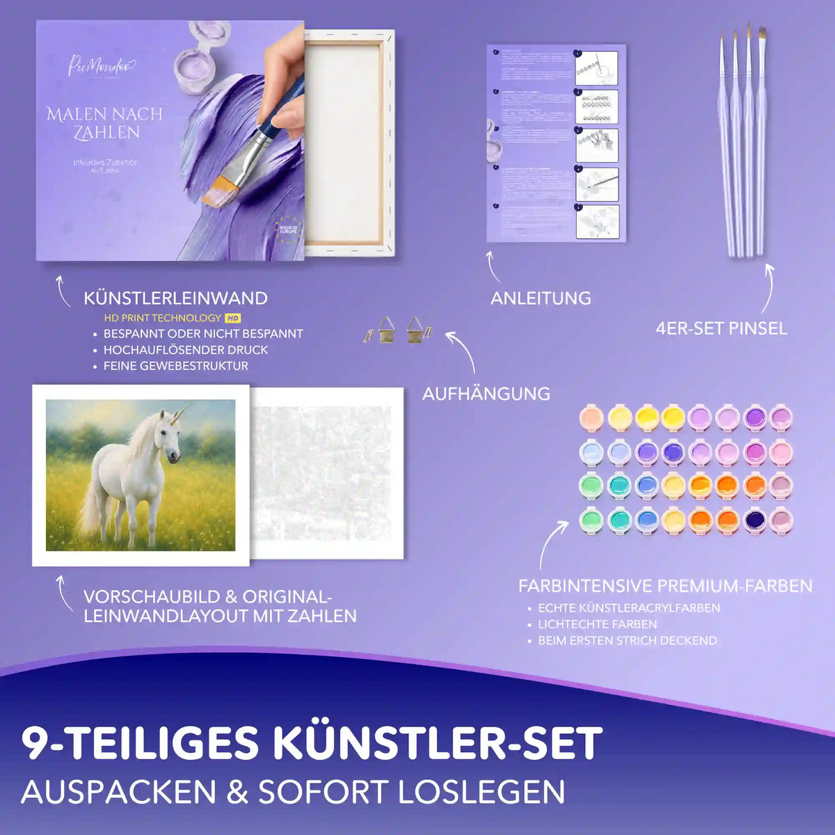 Malen nach Zahlen Erwachsene Set Das weiße Wunder: Einhorn Motiv mit Acrylfarben, Pinseln und Leinwand von Picmondoo