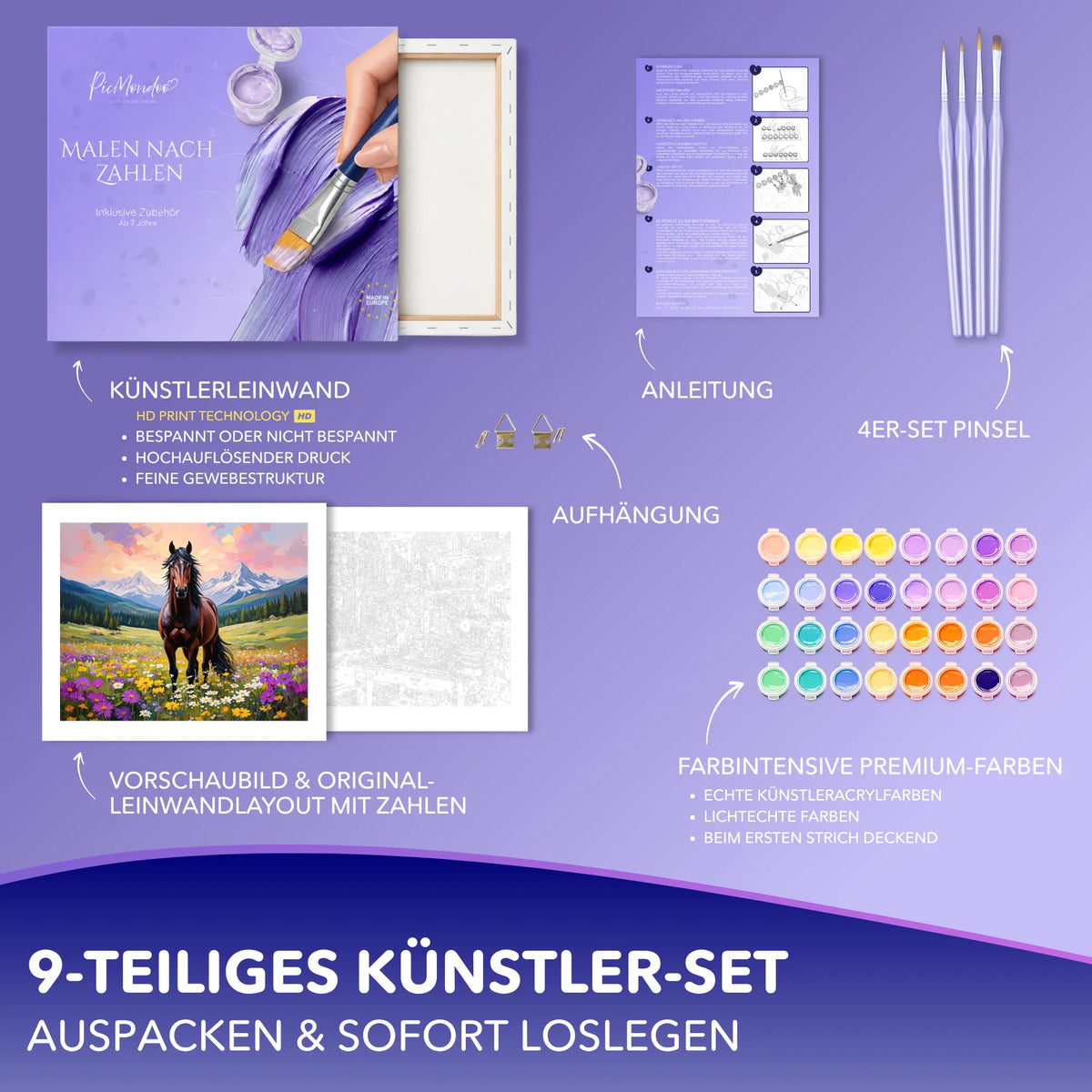 Picmondoo Malen nach Zahlen Set Wilde Seele mit Leinwand, Acrylfarben, Pinseln und Pferdemotiv vor Bergkulisse.