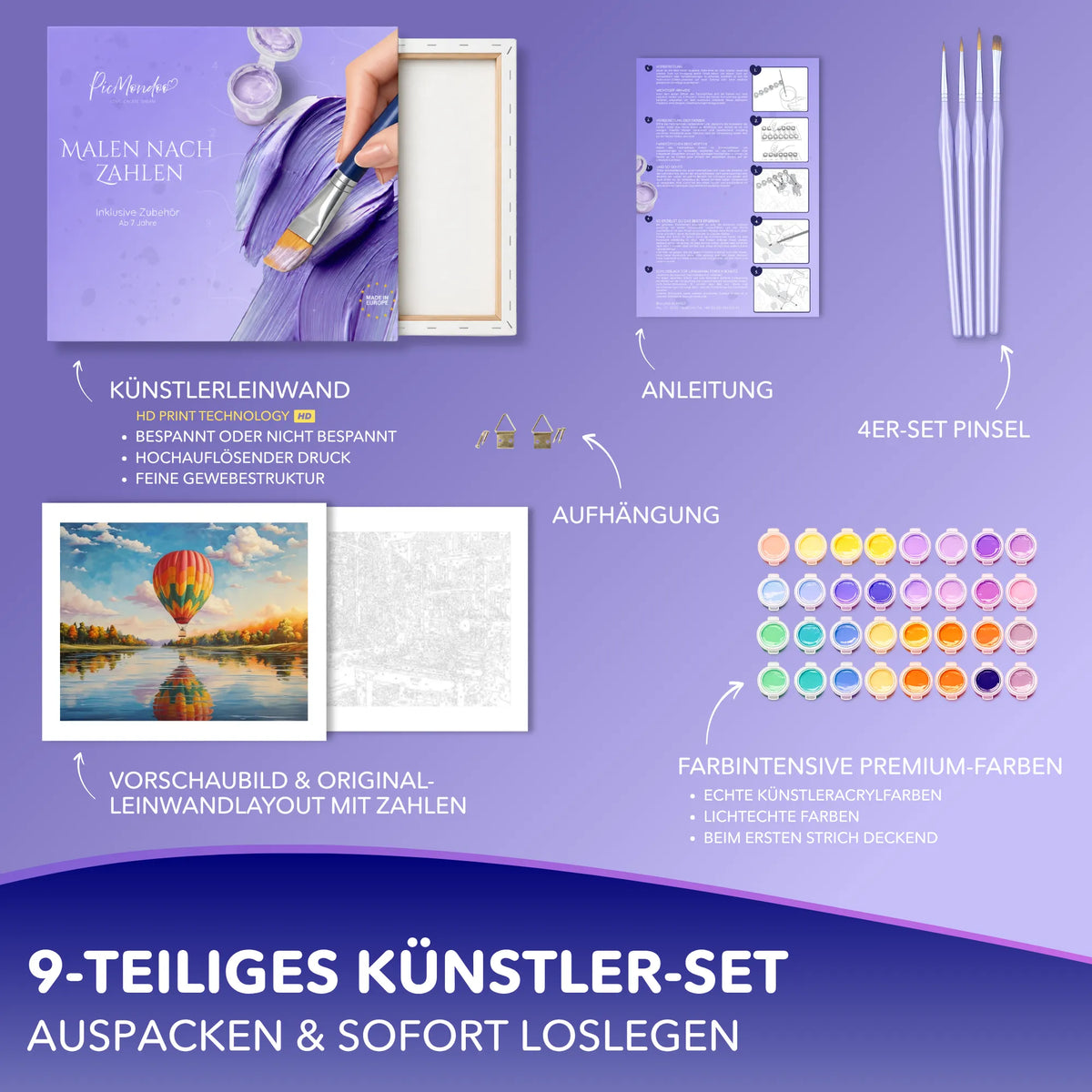 Malen nach Zahlen Set Wo der Wind uns trägt mit Leinwand, Acrylfarben, Pinseln und Heißluftballon-Motiv für Erwachsene.