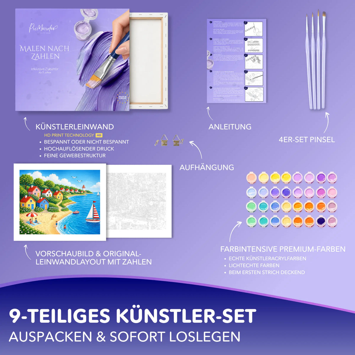Picmondoo Malen nach Zahlen Set Küstenzauber mit Leinwand, Acrylfarben, Pinseln und Anleitung für Erwachsene.