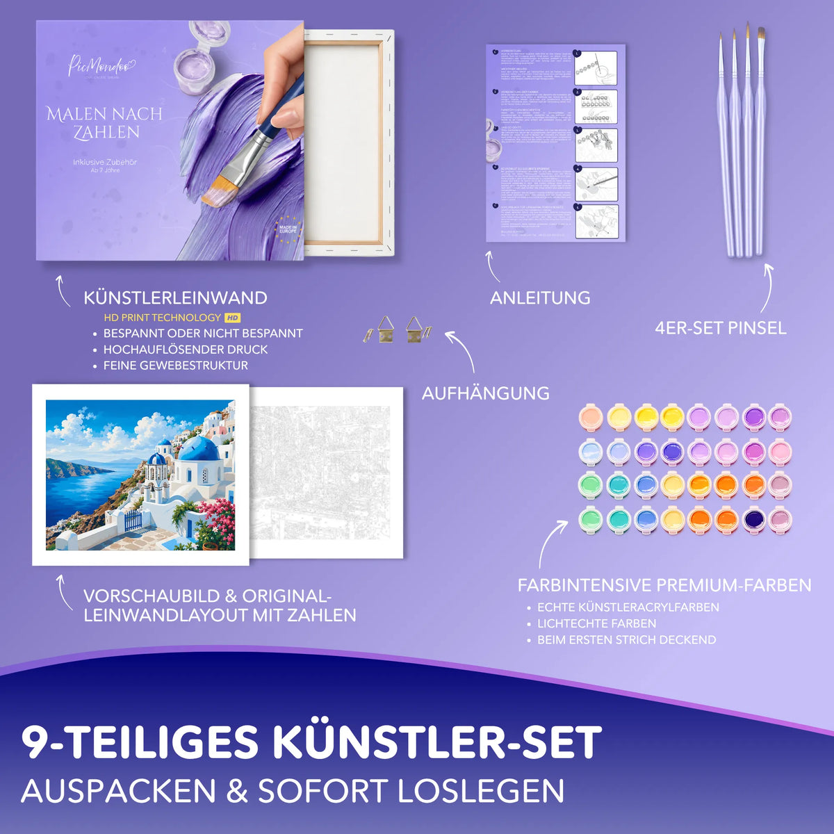 Malen nach Zahlen Set Sehnsucht nach Santorini mit Leinwand, Acrylfarben, Pinseln und Anleitung von Picmondoo