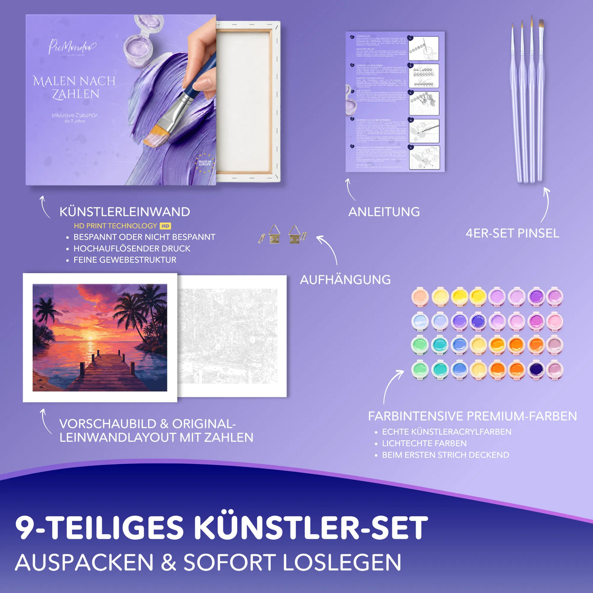 Malen nach Zahlen Set Ins Abendrot mit Leinwand, Acrylfarben und Pinseln für Erwachsene von Picmondoo