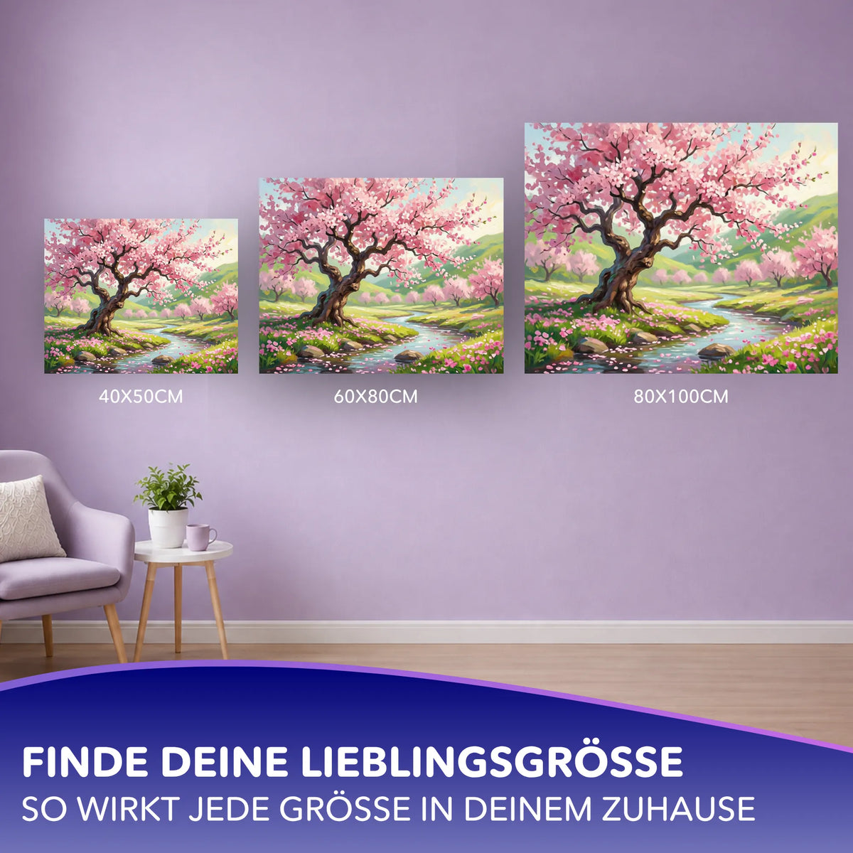 Malen nach Zahlen Set Frühlingserwachen mit Kirschblüten-Landschaft in verschiedenen Größen an einer Wohnzimmerwand