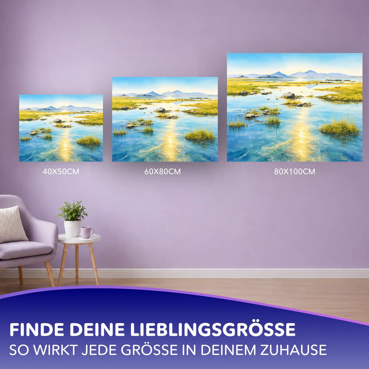 Malen nach Zahlen Goldglanz am See in drei verschiedenen Größen als Wanddekoration in einem Wohnzimmer.