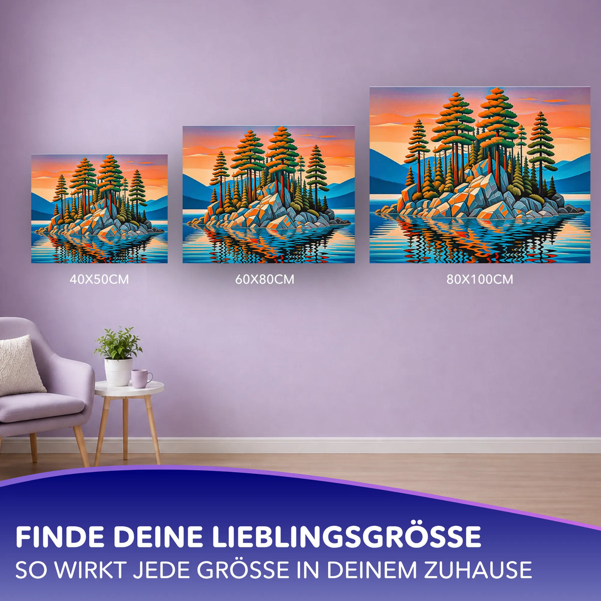 Malen nach Zahlen für Erwachsene: Motiv Insel im Abendlicht in drei Leinwandgrößen für die Wanddekoration zu Hause