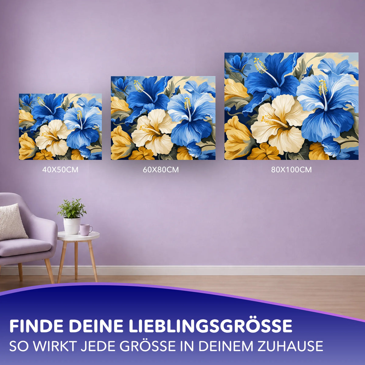 Malen nach Zahlen für Erwachsene: Hibiskusblüten-Motiv in verschiedenen Größen als Wanddekoration für das Zuhause.