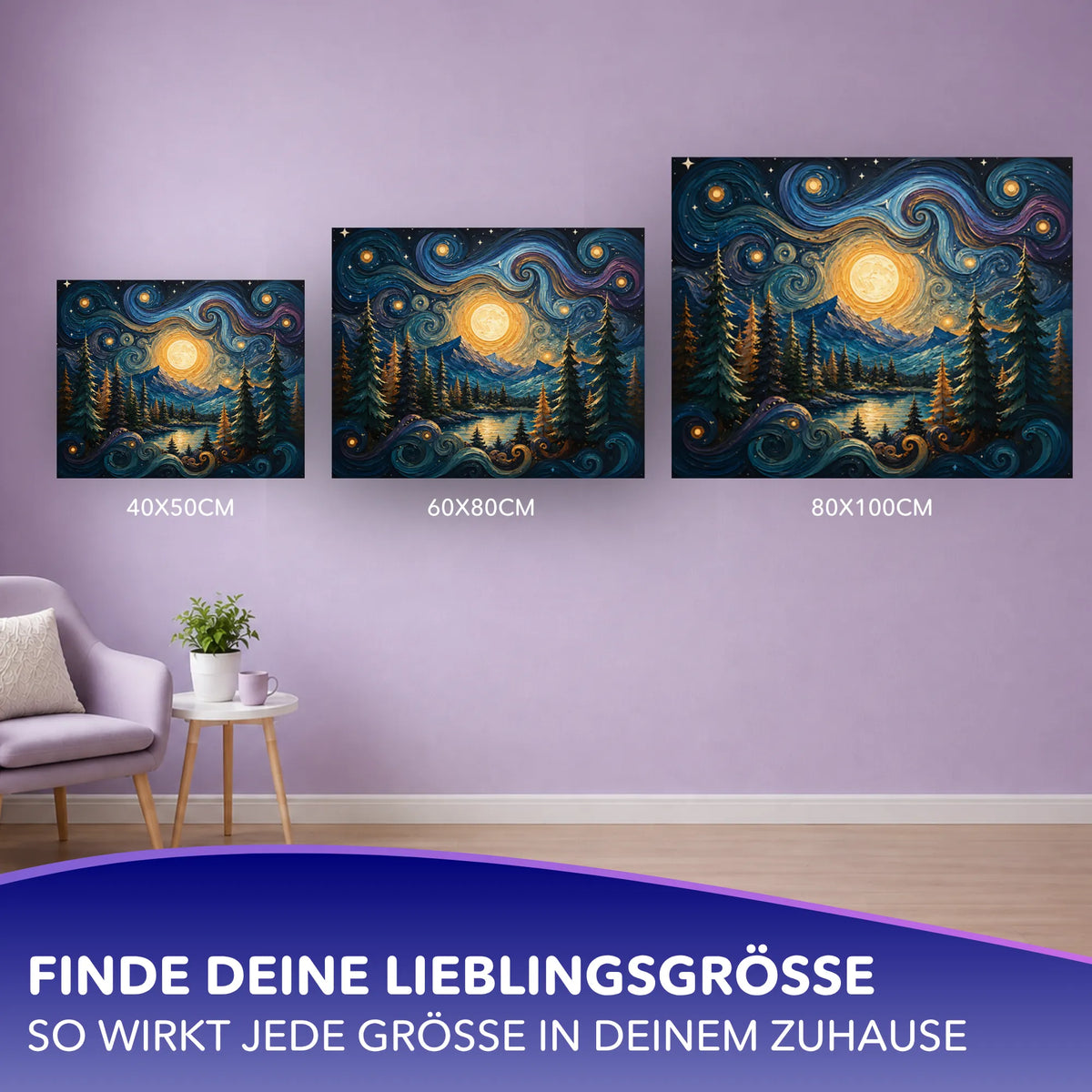 Malen nach Zahlen für Erwachsene Goldene Nacht in verschiedenen Größen als Wandbild-Dekoration