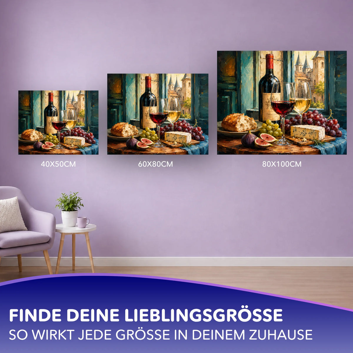 Malen nach Zahlen für Erwachsene: Stillleben mit Wein, Obst und Käse in drei verschiedenen Leinwandgrößen zur Auswahl.