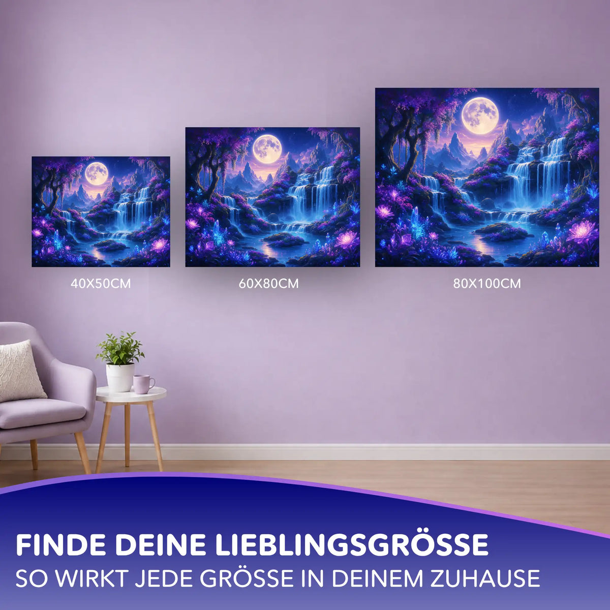 Malen nach Zahlen für Erwachsene Motiv Magischer Wasserfall in drei verschiedenen Leinwandgrößen an einer lila Wand