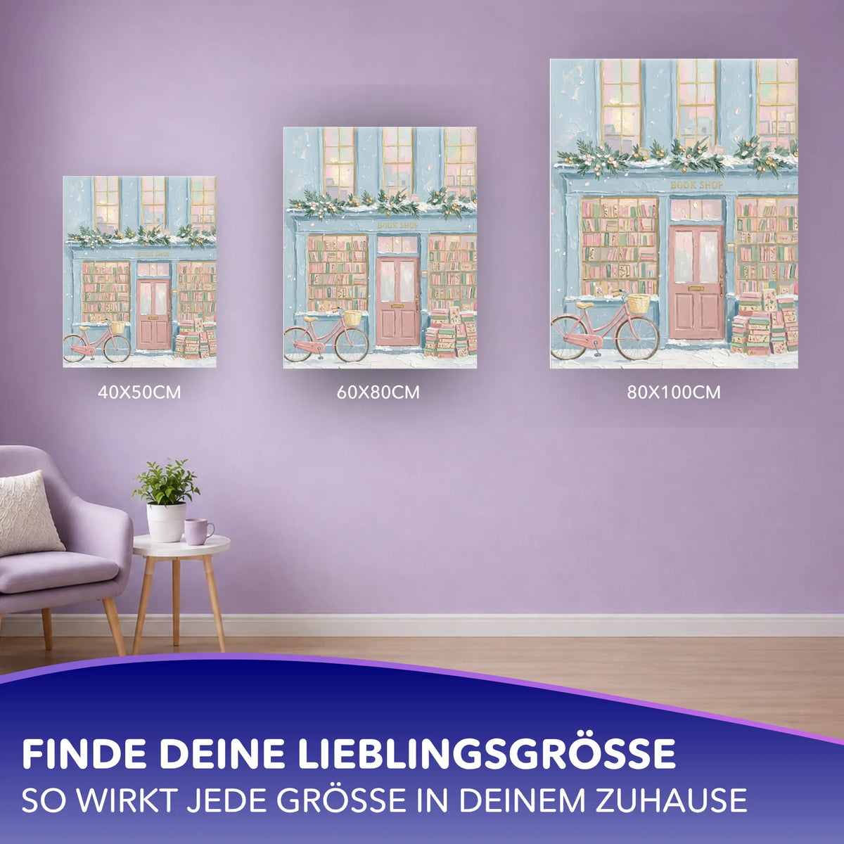 Malen nach Zahlen Wintergeschichten: Buchladen Motiv in verschiedenen Leinwandgrößen für eine gemütliche Wanddekoration.