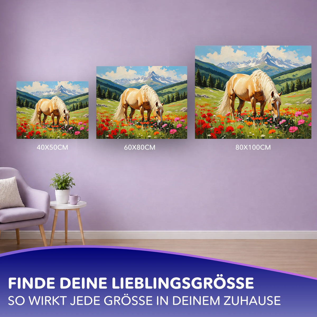 Malen nach Zahlen für Erwachsene: Pferd auf Blumenwiese in verschiedenen Größen als Wanddekoration für das Zuhause.