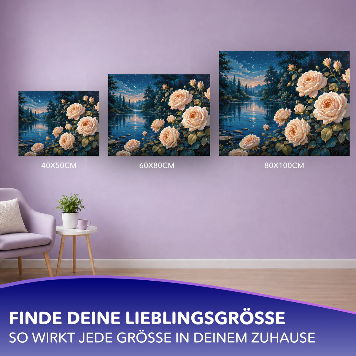 Malen nach Zahlen für Erwachsene: Motiv Rosen im Mondlicht an einem Fluss in verschiedenen Größen an einer lila Wand.