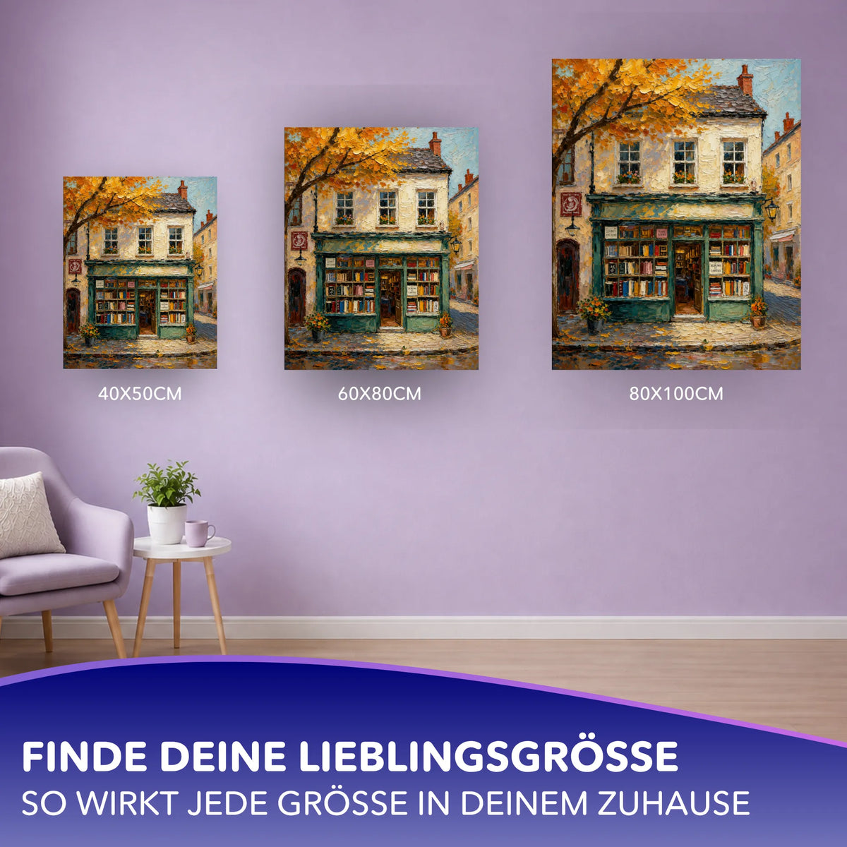 Malen nach Zahlen für Erwachsene: Herbstliches Buchladen-Motiv als Wandkunst in drei verschiedenen Leinwandgrößen.