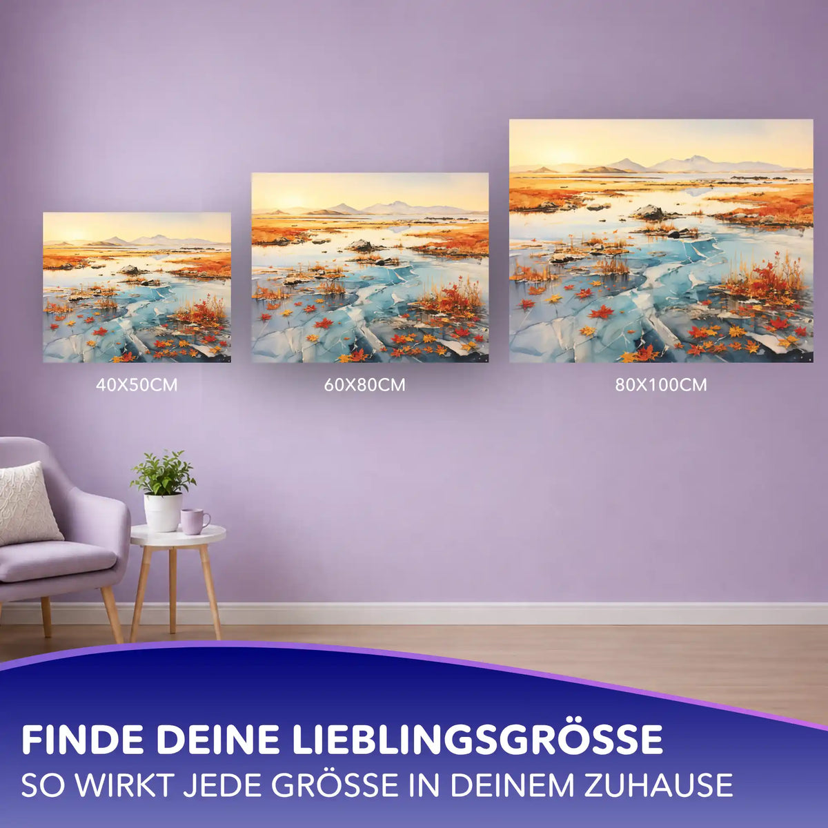 Malen nach Zahlen für Erwachsene: Herbstlicht im Frost Landschaft in verschiedenen Formaten an einer violetten Wand