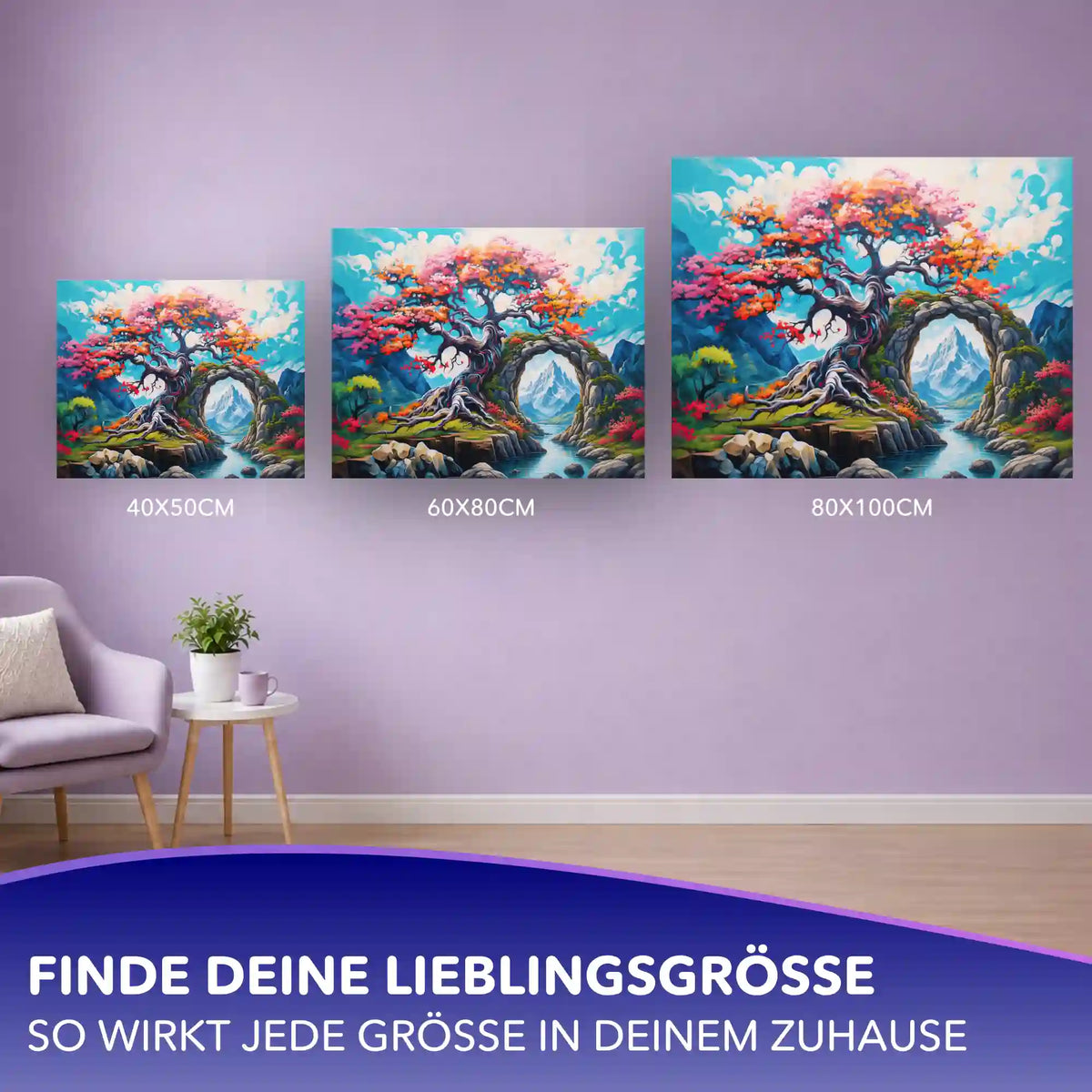 Malen nach Zahlen Erwachsene Farben des Lebens: Größenvergleich der Leinwände 40x50, 60x80 und 80x100 cm.