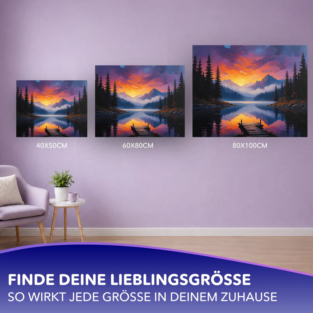 Malen nach Zahlen für Erwachsene Motiv Magische Abenddämmerung an einer Wand in drei verschiedenen Leinwandgrößen