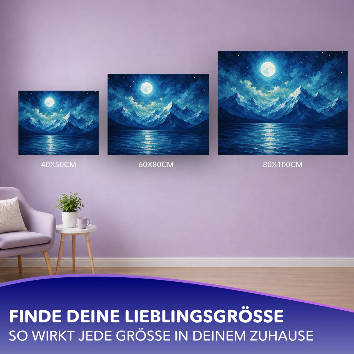Malen nach Zahlen für Erwachsene: Vollmond über Bergkette in drei Größen zur Auswahl für dein Zuhause