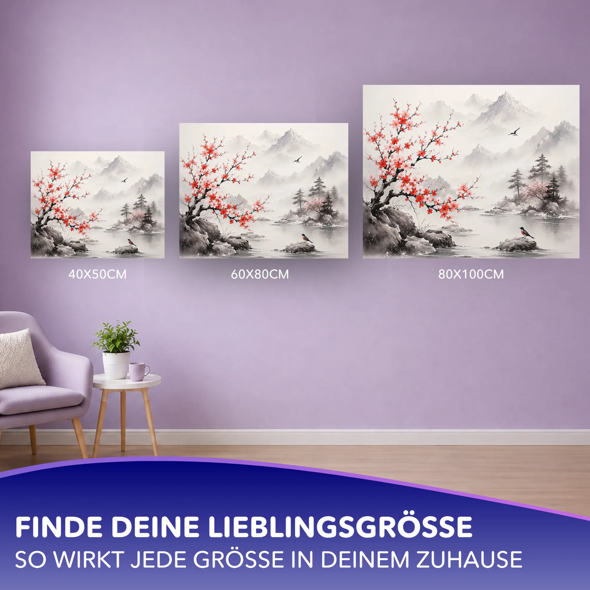 Malen nach Zahlen für Erwachsene: Kirschblüten-Landschaft in drei Größen an einer lila Wand präsentiert.