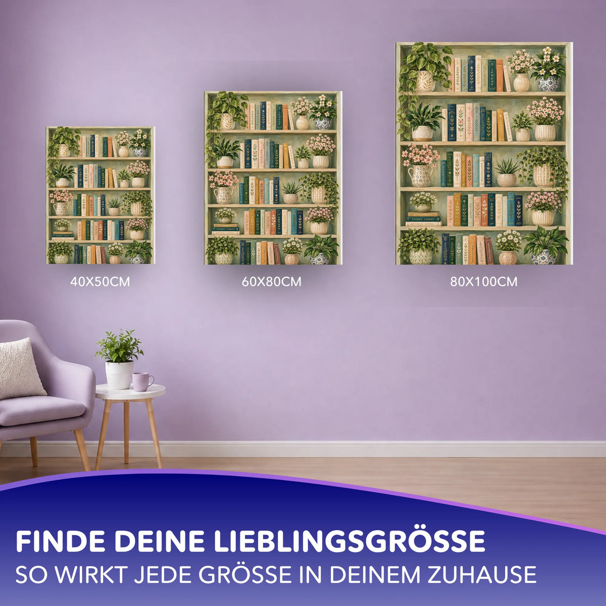 Malen nach Zahlen für Erwachsene: Zwischen Büchern und Blüten in drei Leinwandgrößen für die stilvolle Wandgestaltung.