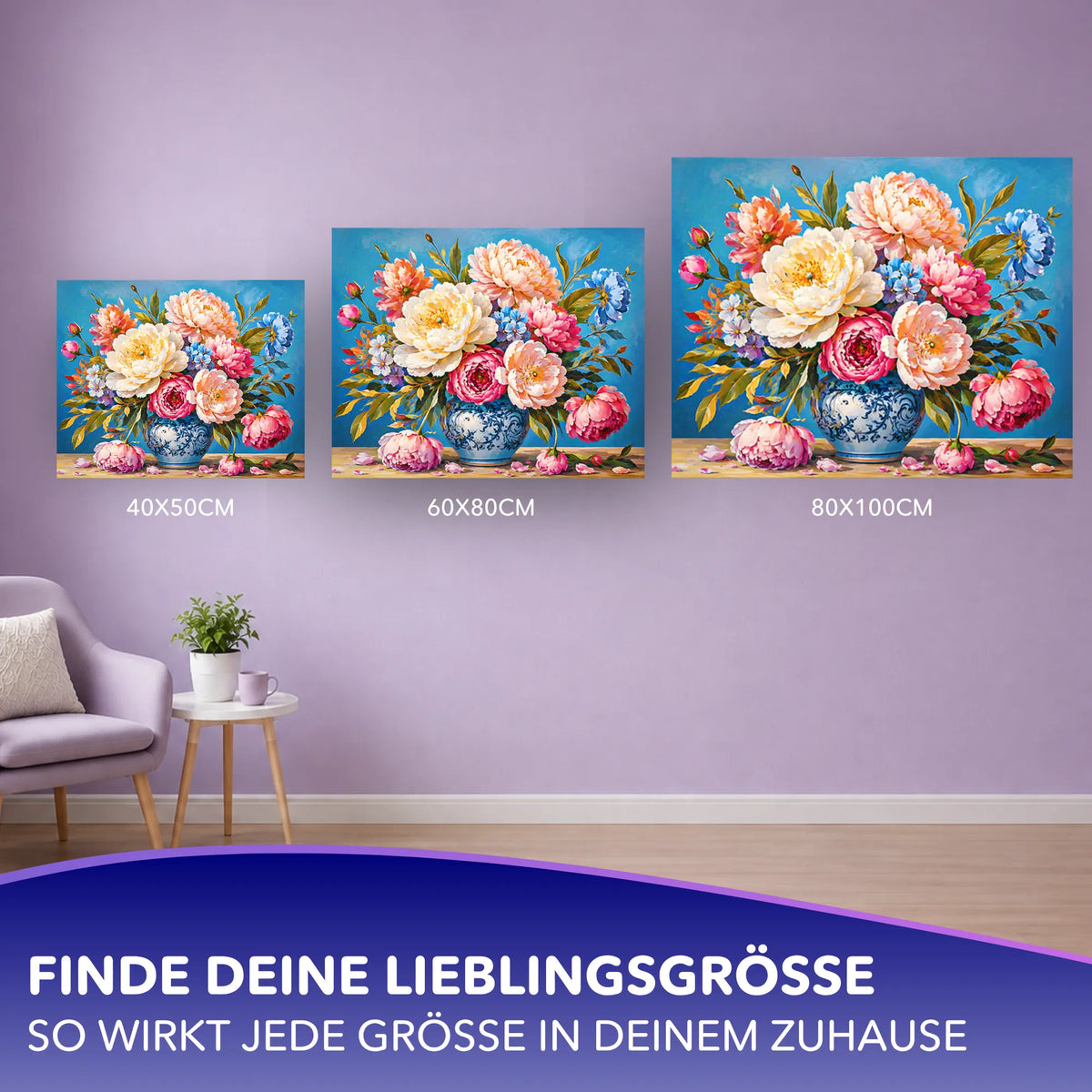 Malen nach Zahlen für Erwachsene Motiv Pfingstrosen in antiker Vase in drei verschiedenen Größen an der Wand präsentiert