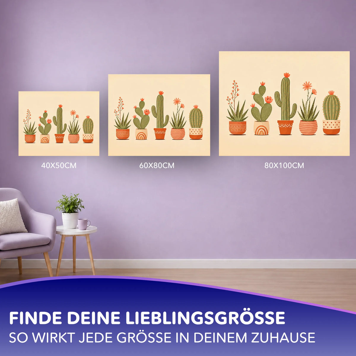 Malen nach Zahlen Set Kaktusliebe mit fünf Sukkulenten in Terracottatöpfen in drei verschiedenen Leinwandgrößen an der Wand