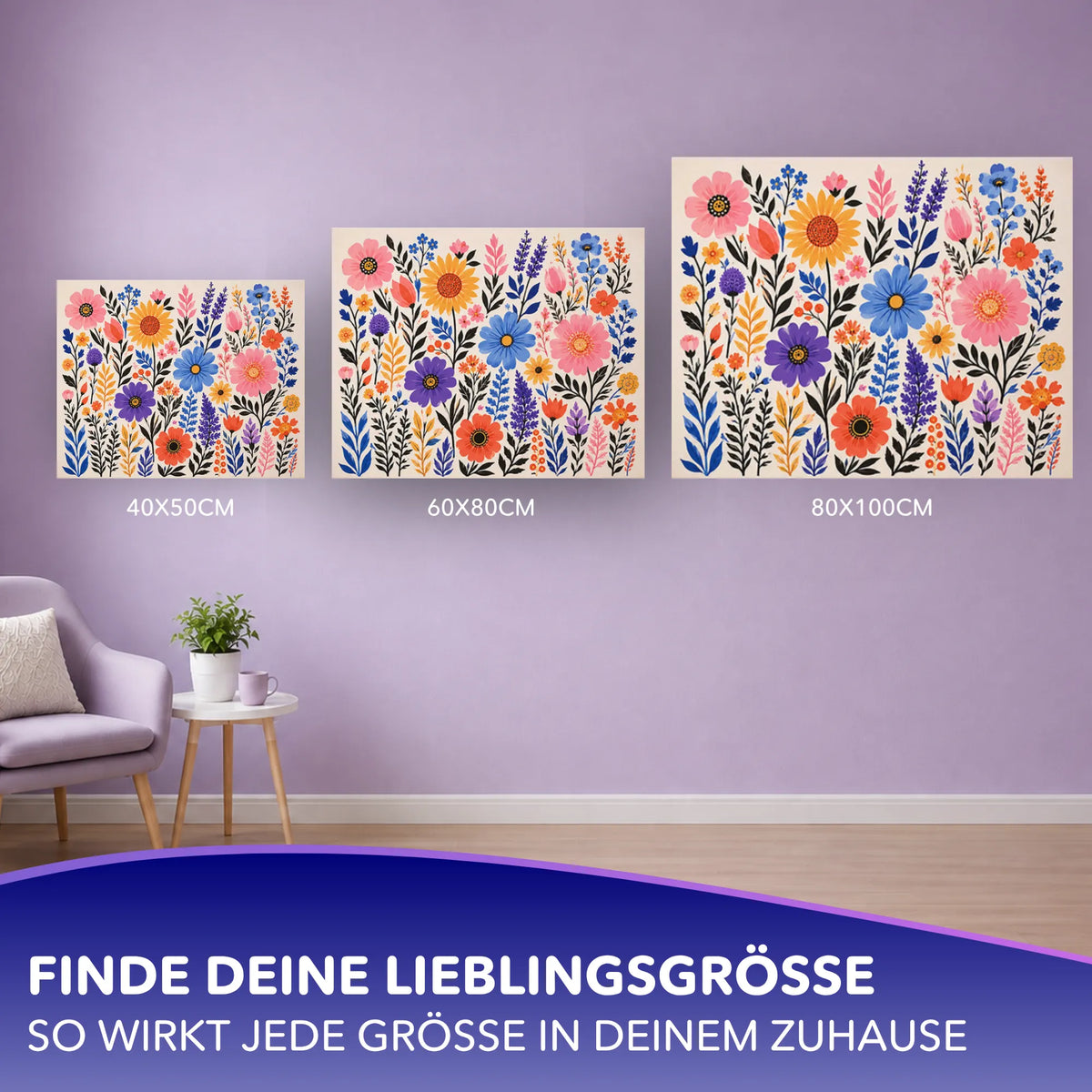 Malen nach Zahlen für Erwachsene Blütenallerlei in verschiedenen Größen an einer Wand dekoriert